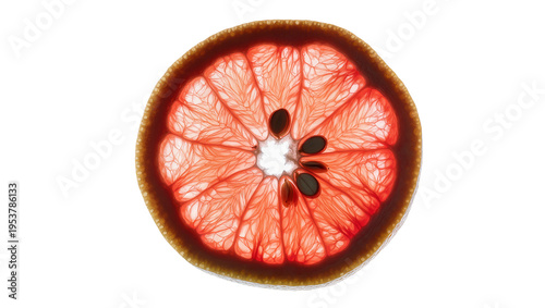 Vibrant red grapefruit slice, backlit to reveal intricate internal structure and dark seeds, isolated on transparent background, a fresh citrus fruit detail