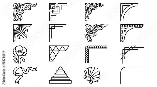 Collection of various ornamental corner designs in a neat arrangement. The designs are intricately detailed and showcase diverse styles and patterns