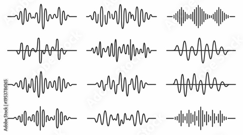 Various line waves or waveforms with different shapes and amplitudes arranged in a grid-like pattern. Illustrating a concept in science, the image is devoid of color.