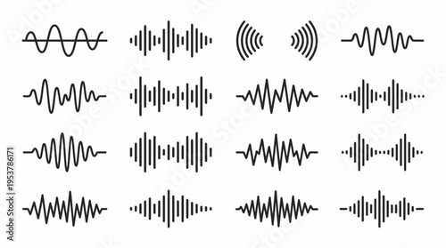 Collection of various sound wave patterns, representing frequency and amplitude variations