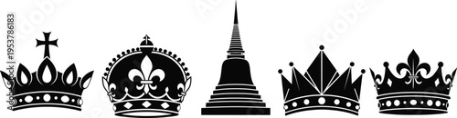 Set of royal crown silhouettes with various luxury designs and a traditional pagoda tower isolated on white background for heraldic concepts