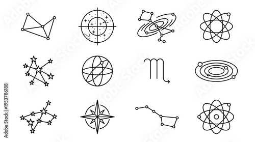 Collection of various space and astronomical icons in black and white
