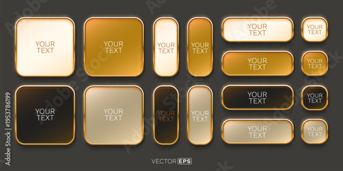 Set of elegant golden web buttons and frames. Glossy UI elements with golden borders and various shades.