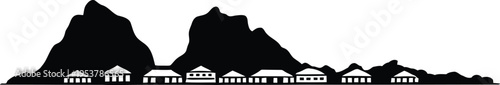 Island village black silhouette icon under massive mountains with small coastal houses