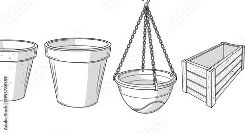 Assorted Garden Planters: Terracotta Pots, Hanging Basket, Wooden Box