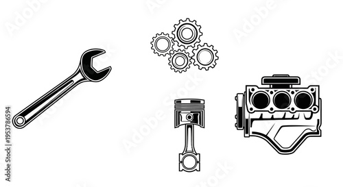 Automotive Engine Parts: Wrench, Gears, Piston, and Engine Block - Mechanic Concept