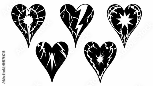 A set of black and white vector graphic hearts with cracks and lightning bolts