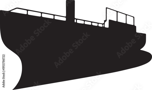 Massive industrial cargo ship hull silhouette side view black vector icon representing global marine transport vessel.