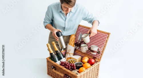 Woman prepares romantic picnic with wine and gourmet food