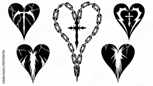 A set of black and white heart shaped vector graphic icons with chain and cross designs