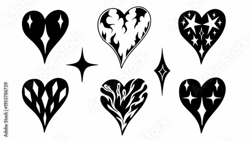 A set of black and white heart shaped icons with star designs