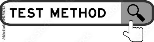 Search banner in word test method with hand over magnifier icon on white background