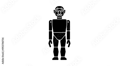 Black and white robot figure.