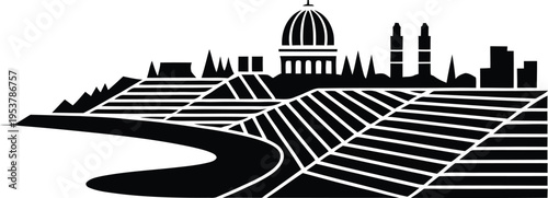 Mexican cityscape with temple, ancient structures, agricultural fields, and meandering river