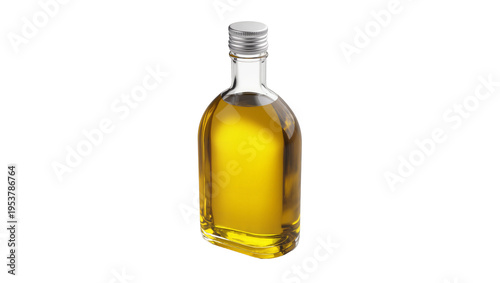 Quadro em tela Small clear glass bottle with golden yellow cooking oil and a silver screw cap,