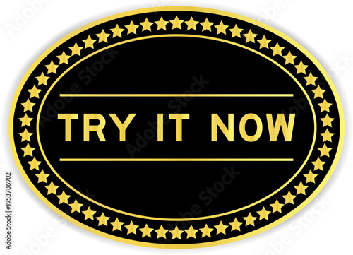 Black and gold color oval label sticker with word try it now on white background