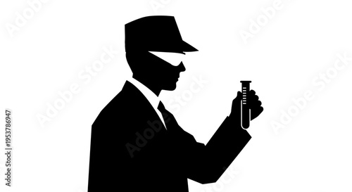 Man in suit holds magnifying glass.