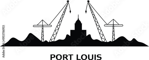 Port Louis silhouette featuring cranes and harbour dome building outline on grey background