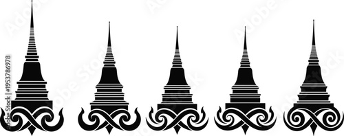 Set of traditional pagoda silhouettes with ornamental base designs isolated on white background for Asian cultural and religious temple concepts