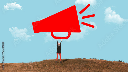 Foto Woman standing on hill holding oversized megaphone shape against blue sky background