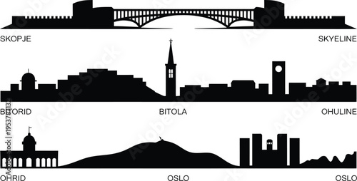 Skopje Bitola and Ohrid silhouettes city skyline black vector landmarks set on white background