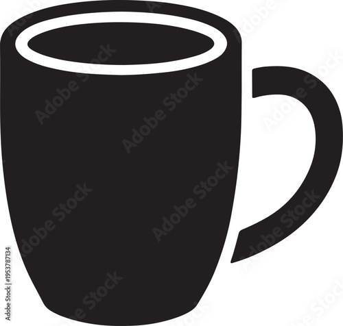 Simple black silhouette illustration of a tall drinking mug with a curved handle for coffee