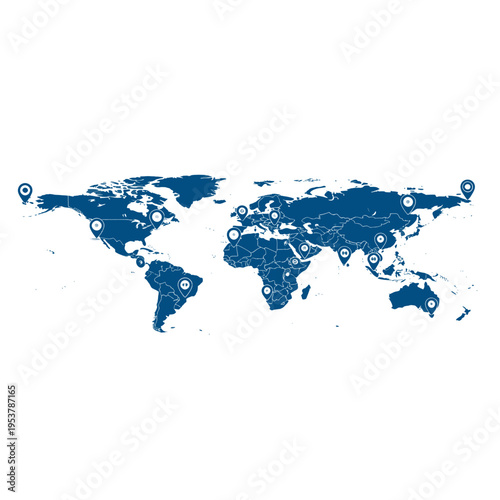 World Map with Location Markers - Global Travel Destinations and International Business Network Visualization Illustration