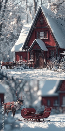 Cozy red cabin in a snowy winter forest with a reindeer and sleigh, evoking a festive holiday atmosphere.