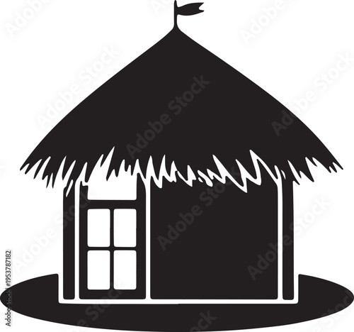 Traditional tropical nipa hut or straw roof shelter silhouette with small window and flag black vector icon.