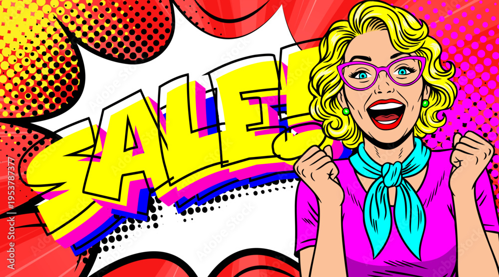 Obraz premium Pop Art Sale Banner with Excited Blonde Woman in Glasses - Retro Comic Book Style Advertisement Happy Shopping and Colorful Halftone Background
