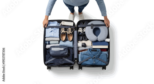 Person packing clothes and shoes into open suitcase for travel