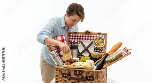 Woman preparing a romantic picnic with wine and gourmet food