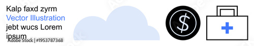 Cloud technology, financial services, storage solutions, healthcare, medical access, cost savings. A cloud, a dollar symbol in a circle and a medical kit with a cross symbol. Cloud technology