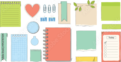 Stationery collection with notebook sticky notes paper clips and planner elements isolated on white background flat vector illustration set