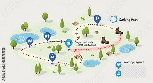 Illustrated map of a park with walking path and points of interest.
