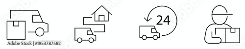 A set of four line icons depicting delivery and shipping concepts with trucks, boxes, a house, and a person, all on a white background
