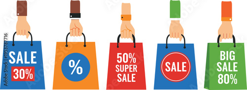 Shopping sale bags with discount offers and promotional labels isolated on white background retail marketing vector illustration set