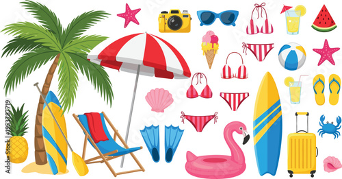 Summer beach vacation elements collection with palm tree umbrella surfboard and accessories colorful flat vector illustration set