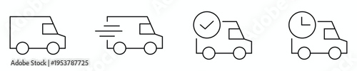 A set of four delivery truck icons in different states of motion and time, including a standard truck, a speeding truck, a truck with a checkmark on a clock, and a truck with a clock on it