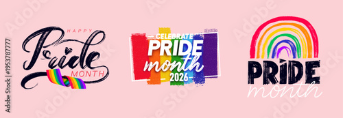 Set of LGBTQ rainbow flag. Template 2026 logo lesbian, gay, bisexual, transgender concept. LGBTQ Pride Month 2026 rainbow logo. Vector symbol of Pride Month support.