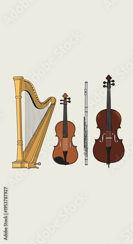 Classical Music Instruments: Harp, Violin, Flute, Cello - Orchestra Ensemble