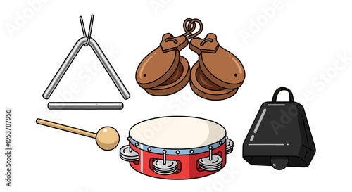 Collection of Percussion Musical Instruments: Tambourine, Triangle, Castanets, Cowbell