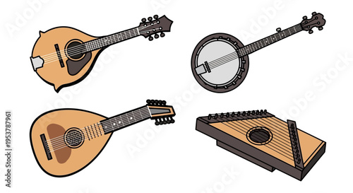 Collection of Stringed Musical Instruments: Mandolin, Banjo, Lute, Zither