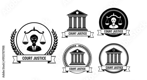Court Justice Icons: Scales of Justice, Gavel, Courthouse, Law Symbols