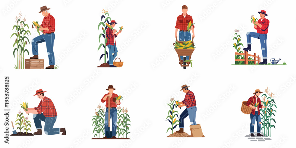 Fototapeta premium Illustration set of male farmers in plaid shirts harvesting corn in a field, featuring various poses and farm activities.