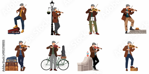 Set of flat vector illustrations depicting a male street musician in vintage clothing playing the violin in various urban outdoor settings and poses.