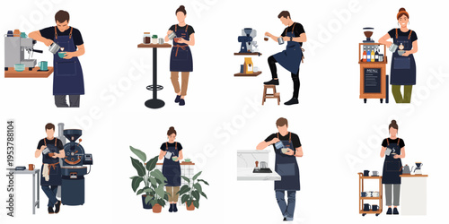 Collection of professional baristas in aprons preparing coffee, making latte art, and using various brewing equipment in modern cafe settings.