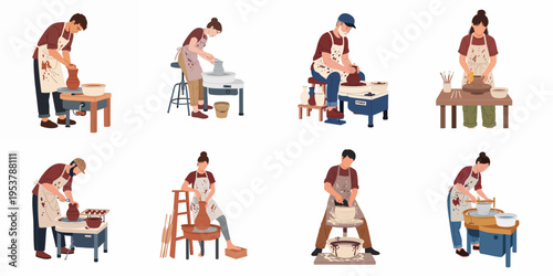Set of eight flat illustrations showing diverse people in aprons practicing pottery and shaping clay on wheels in a studio setting.