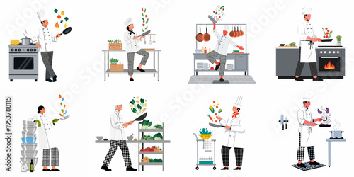 A diverse collection of professional chefs in white uniforms preparing food and tossing vegetables in various commercial kitchen environments.