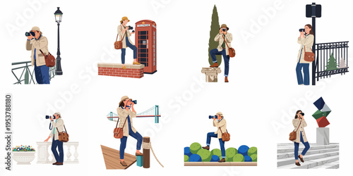 A collection of flat vector illustrations of male and female tourists taking photos with cameras in various scenic outdoor locations.